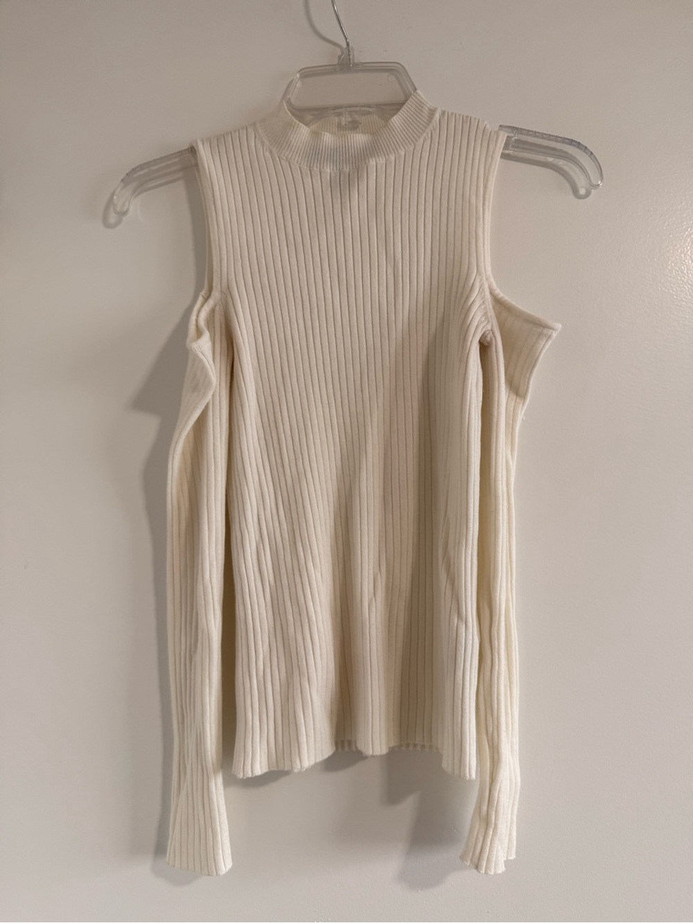 Forever 21 Cream Ribbed Cold-Shoulder Mock Neck Sweater
